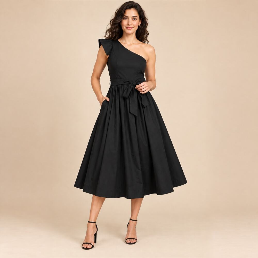 J.Crew Dress WMNS 10P Black One Shoulder Ruffle Cotton Midi Romantic Coquette